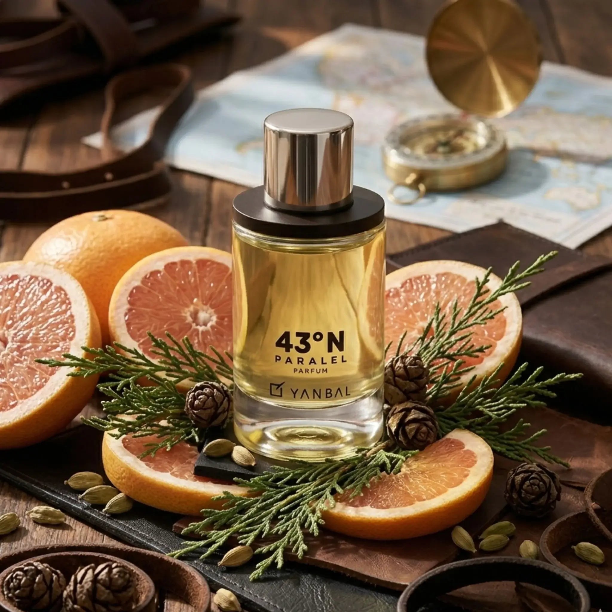Perfume Yanbal 43N Paralel Parfum acompañado de toronja mediterránea, ciprés de Toscana y cuero ibérico, resaltando su aroma maderoso cítrico intenso y masculino. Fragancia premium para hombres viajeros, modernos y sofisticados que buscan perfumes duraderos y elegantes.