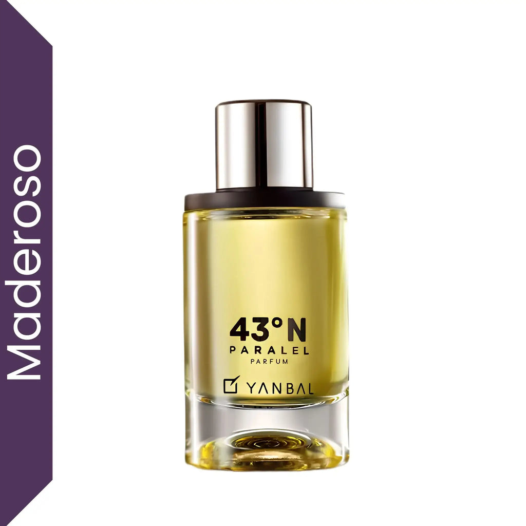 Perfume masculino Yanbal 43N Paralel Parfum sobre fondo blanco, fragancia maderosa cítrica de alta intensidad con notas de toronja mediterránea, ciprés de Toscana y cuero ibérico. Perfume elegante y sofisticado para hombre ideal para uso diario, noches especiales y regalos en Colombia.