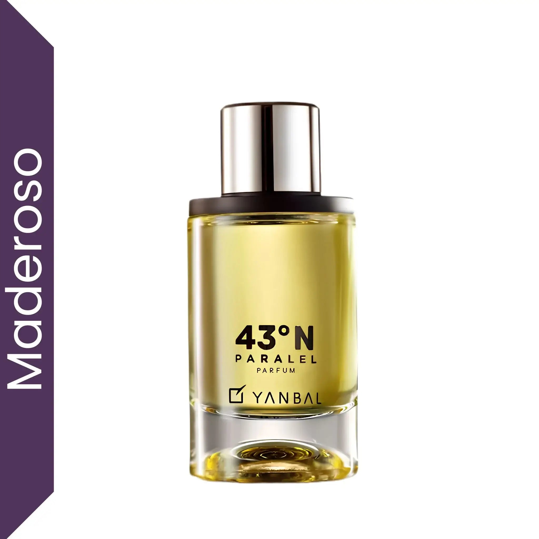 Perfume masculino Yanbal 43N Paralel Parfum sobre fondo blanco, fragancia maderosa cítrica de alta intensidad con notas de toronja mediterránea, ciprés de Toscana y cuero ibérico. Perfume elegante y sofisticado para hombre ideal para uso diario, noches especiales y regalos en Colombia.