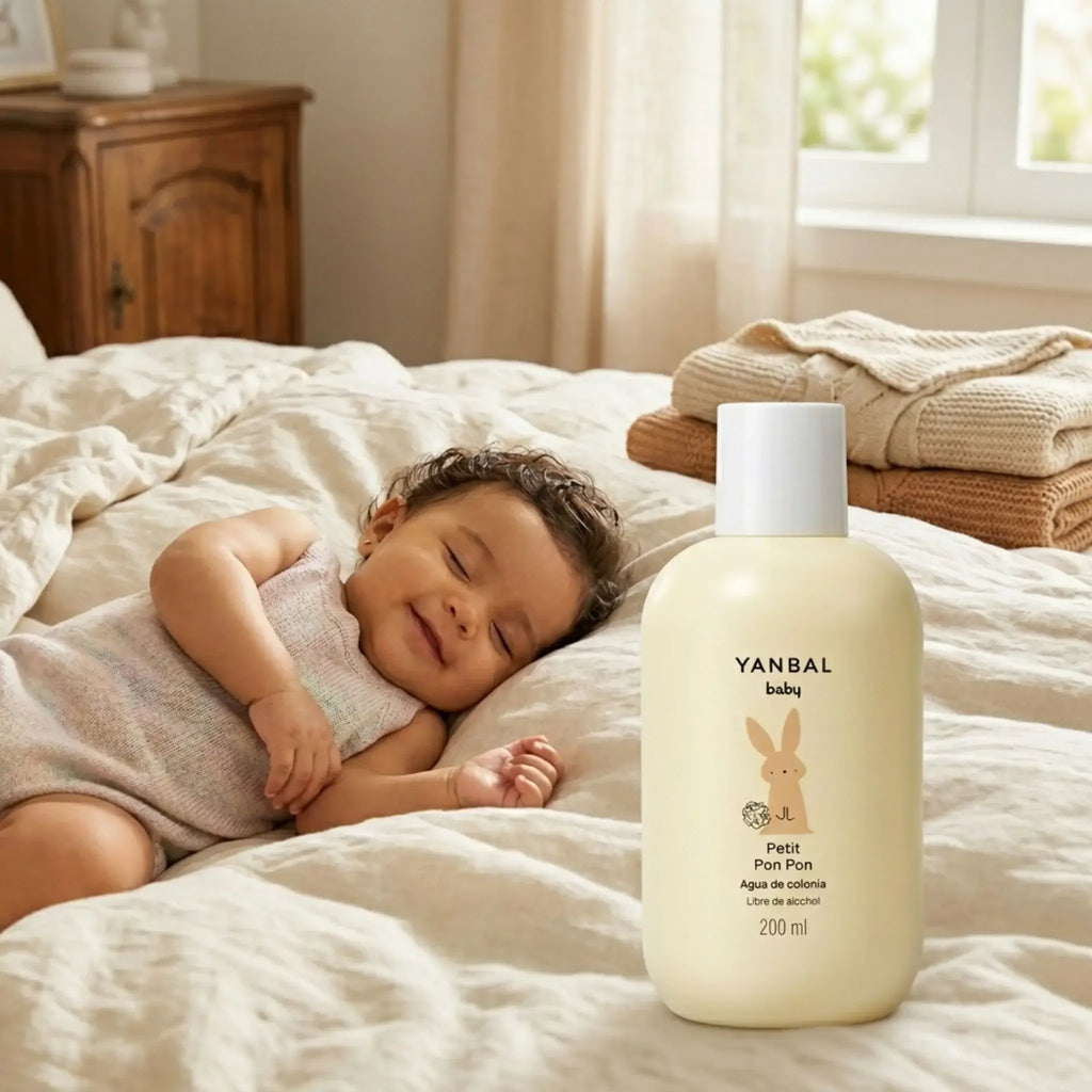 Bebé durmiendo tranquilamente junto a la colonia Yanbal Baby, fragancia suave y relajante con manzanilla y lavanda ideal para bebés y piel sensible