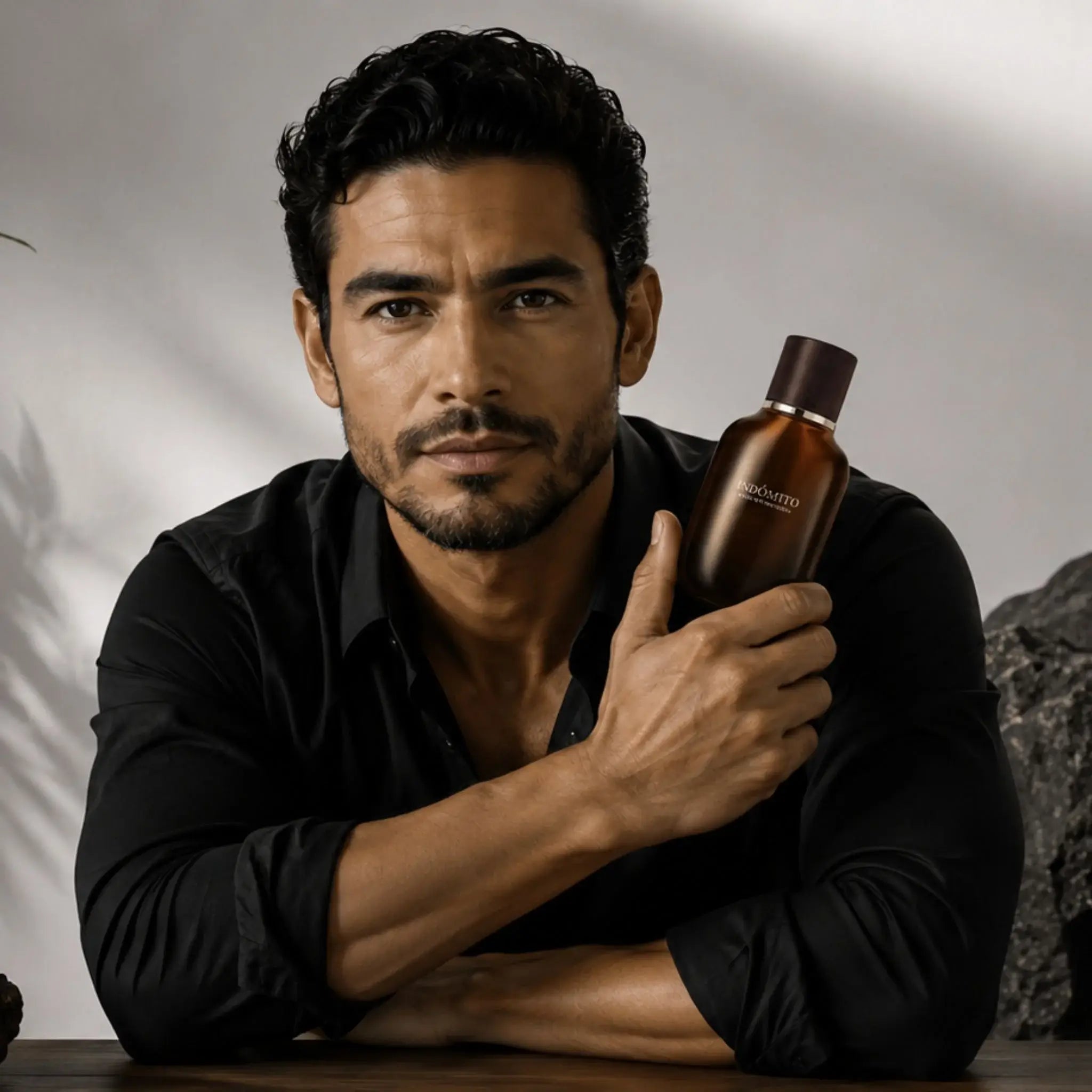 Hombre sosteniendo perfume Indomito masculino Yanbal maderoso especiado, fragancia intensa y sofisticada ideal para hombres elegantes y seguros de sí mismo