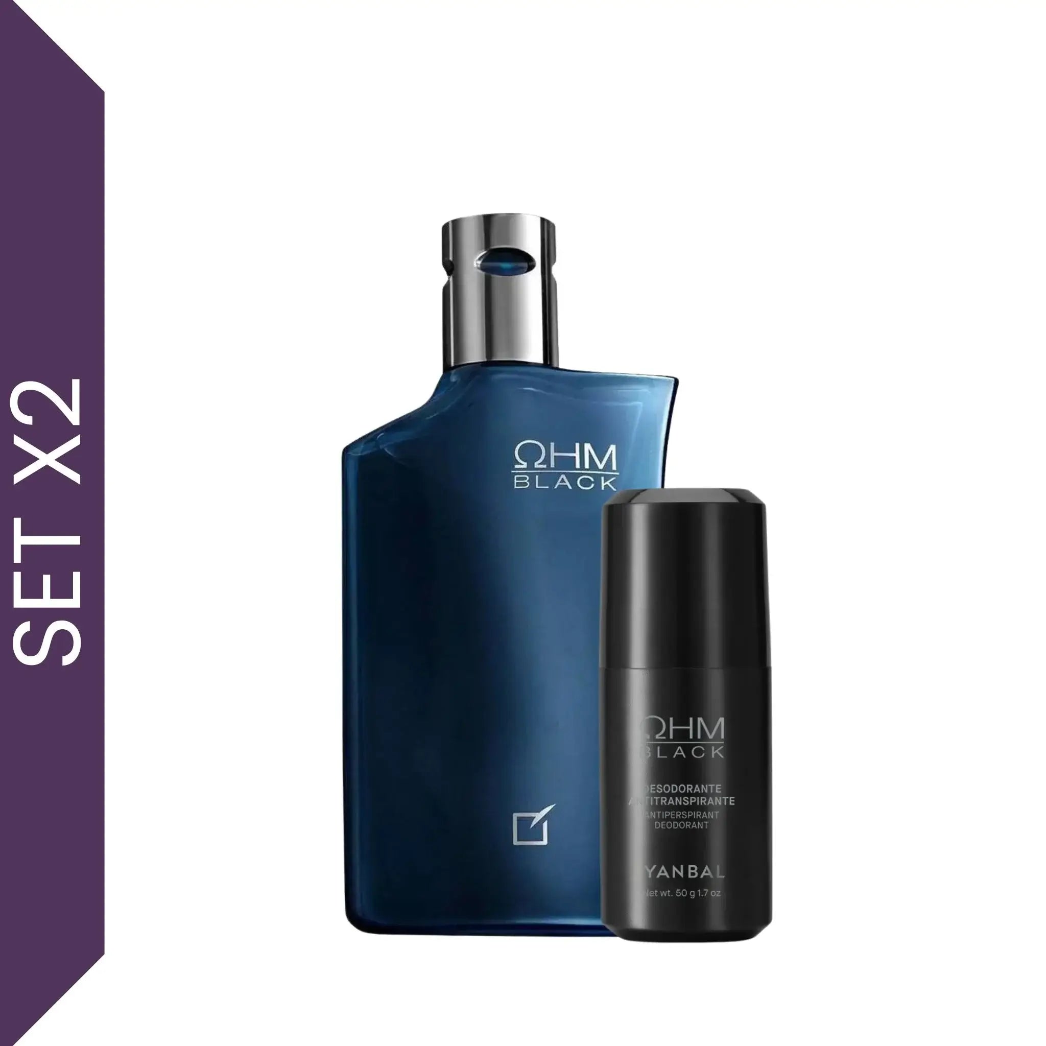 Set masculino Yanbal Ohm Black con perfume y desodorante roll on, fragancia herbal cítrica de larga duración con notas de naranja dulce, té negro y pimienta negra para hombres modernos y elegantes.
