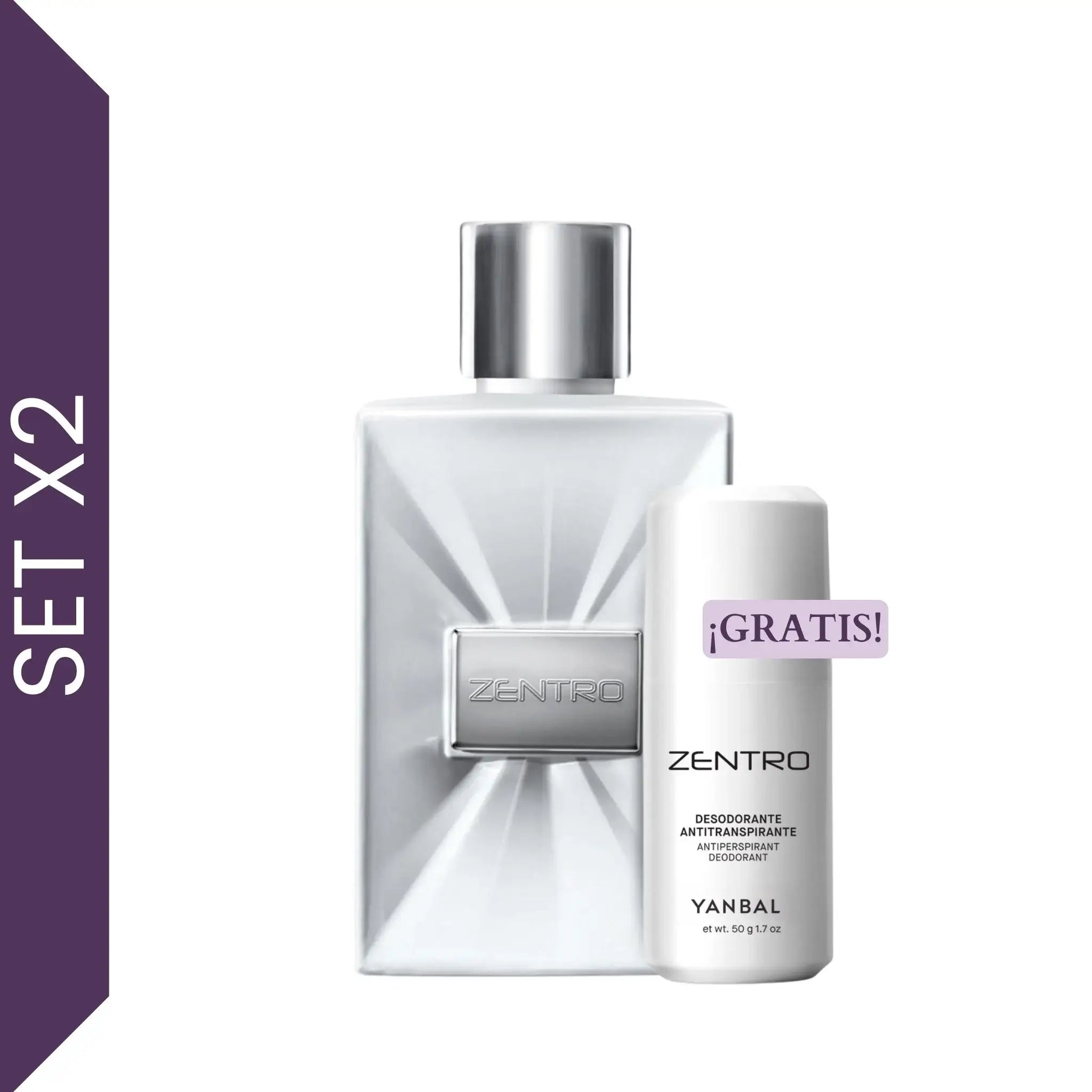 Set de regalo Yanbal Zentro para hombre con perfume ambarado maderoso y desodorante perfumado gratis sobre fondo elegante. Fragancia masculina intensa con notas de yuzu, cedro y haba tonka, ideal para regalar en el Mes del Padre, cumpleaños o fechas especiales en Colombia.