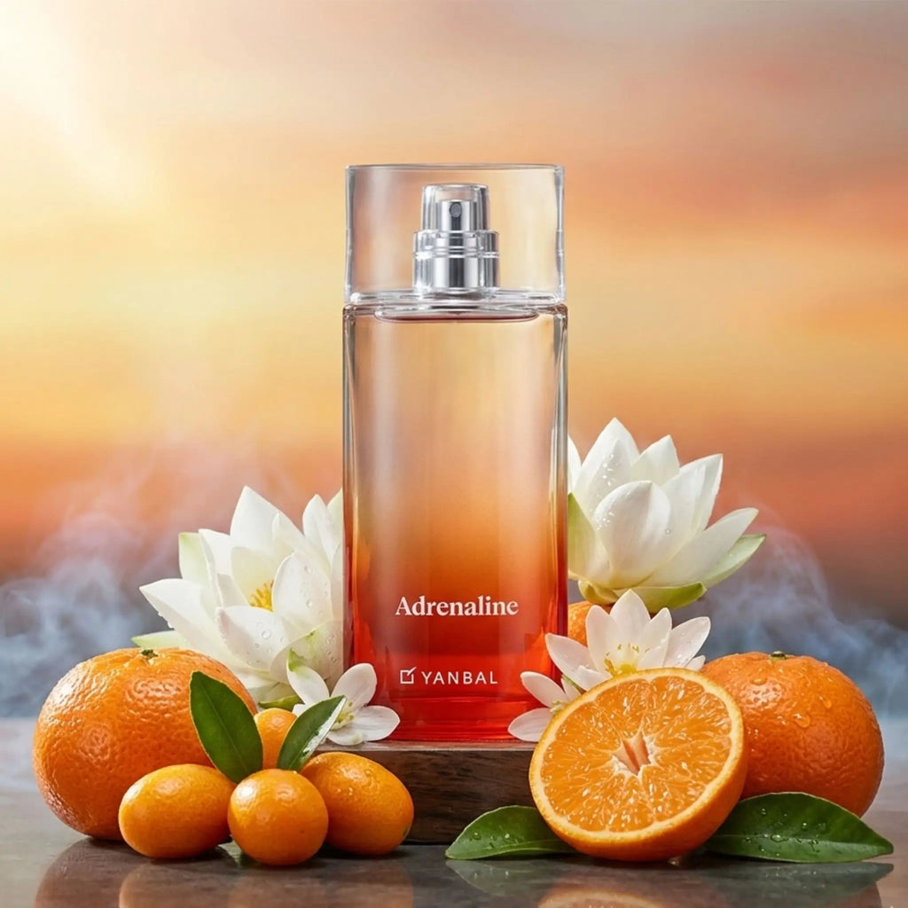 Yanbal Adrenaline perfume femenino junto a mandarina, naranja china y flor de loto, aroma fresco, energético y femenino de larga duración