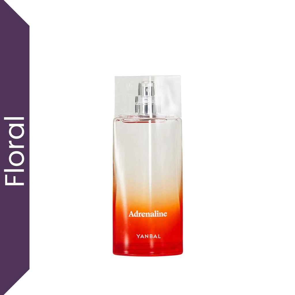 Perfume Yanbal Adrenaline Eau de Toilette para mujer sobre fondo blanco, fragancia floral cítrica con mandarina, naranja china y flor de loto