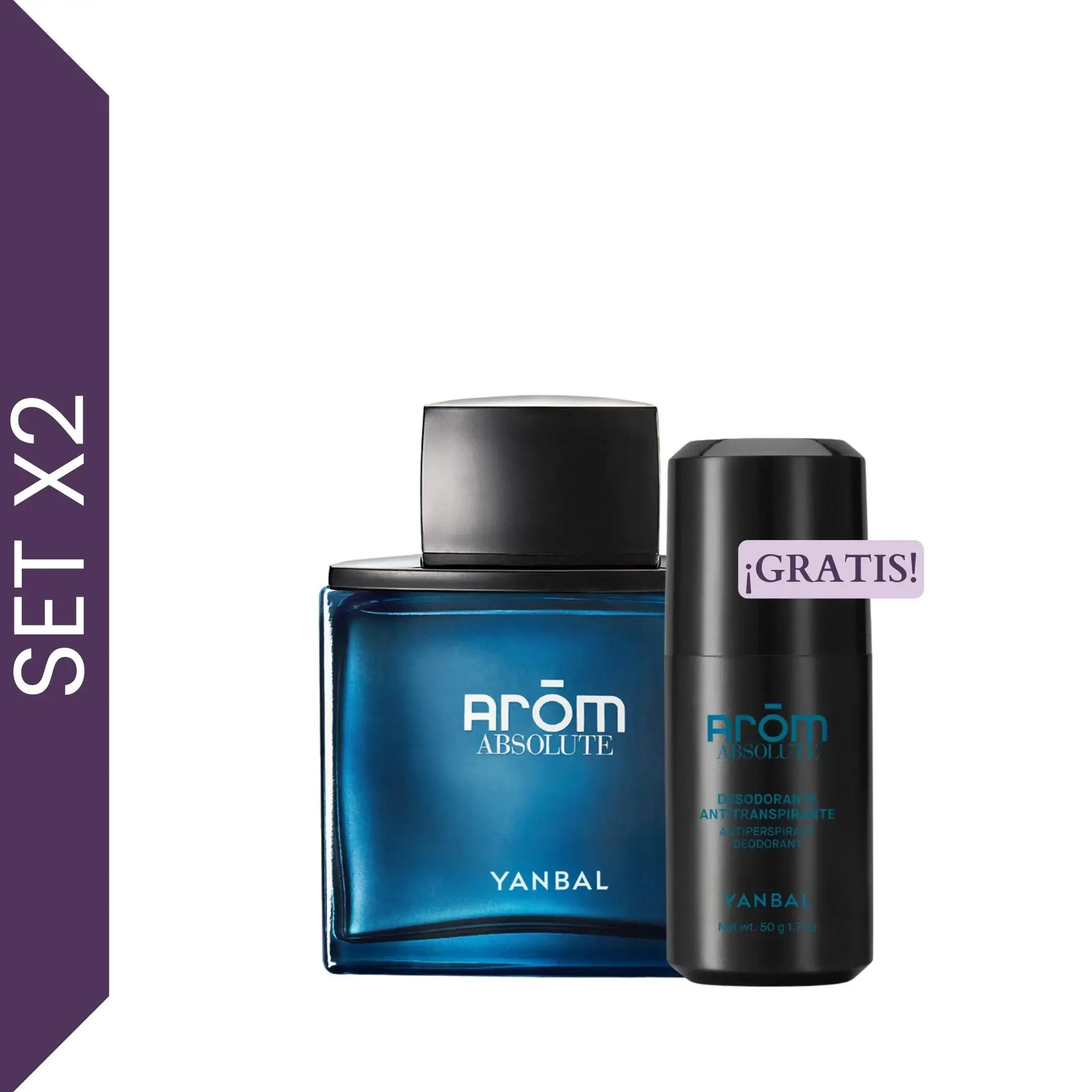 Set Arom Absolute Yanbal para hombre con perfume y desodorante perfumado roll on sobre fondo blanco. Aroma maderoso especiado con limón kaffir, cardamomo y cedro rojo, perfecto para hombres modernos que buscan una fragancia sofisticada, masculina y duradera.