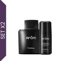 Set Arom Yanbal para hombre con perfume Arom y desodorante perfumado roll on sobre fondo blanco. Fragancia masculina maderosa aromática con bergamota, romero y sándalo, ideal para hombres elegantes que buscan perfumes intensos y de larga duración en Colombia.