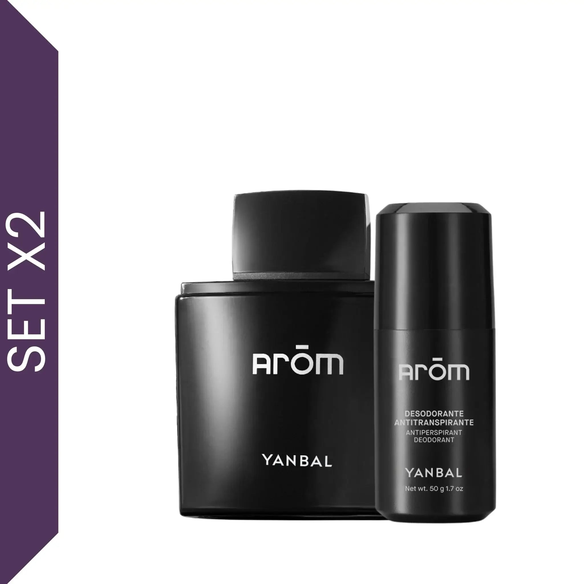 Set Arom Yanbal para hombre con perfume Arom y desodorante perfumado roll on sobre fondo blanco. Fragancia masculina maderosa aromática con bergamota, romero y sándalo, ideal para hombres elegantes que buscan perfumes intensos y de larga duración en Colombia.