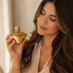 Mujer sosteniendo perfume Yanbal Ccori Parfum, fragancia femenina ambarada floral con aroma sofisticado de rosa blanca, canela y chocolate, ideal para ocasiones especiales