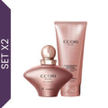 Set Ccori Rosé Yanbal para mujer con parfum floral ambarado y loción perfumada hidratante sobre fondo blanco. Fragancia femenina intensa con notas de ciruela, rosa damascena y vainilla cremosa, ideal para regalos elegantes, perfumes de larga duración y ocasiones especiales.