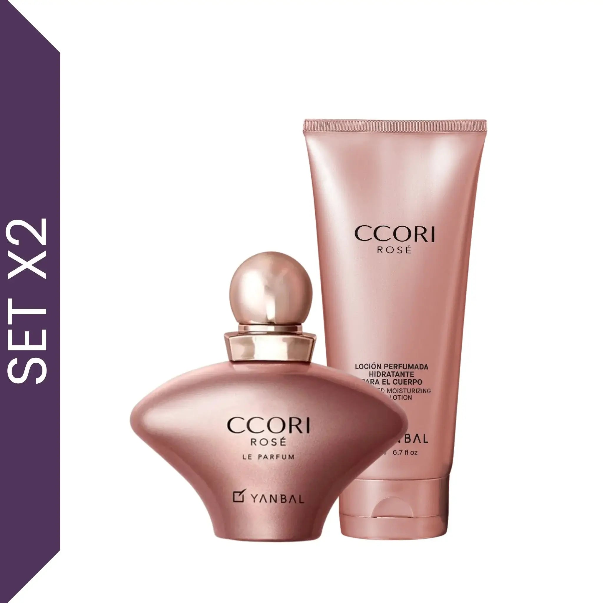Set Ccori Rosé Yanbal para mujer con parfum floral ambarado y loción perfumada hidratante sobre fondo blanco. Fragancia femenina intensa con notas de ciruela, rosa damascena y vainilla cremosa, ideal para regalos elegantes, perfumes de larga duración y ocasiones especiales.