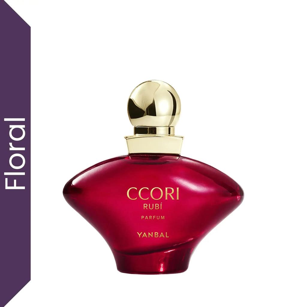 Perfume Yanbal Ccori Rubí Parfum para mujer con aroma ambarado floral, frasco rojo elegante inspirado en el lujo, la sensualidad y perfumes femeninos intensos de larga duración