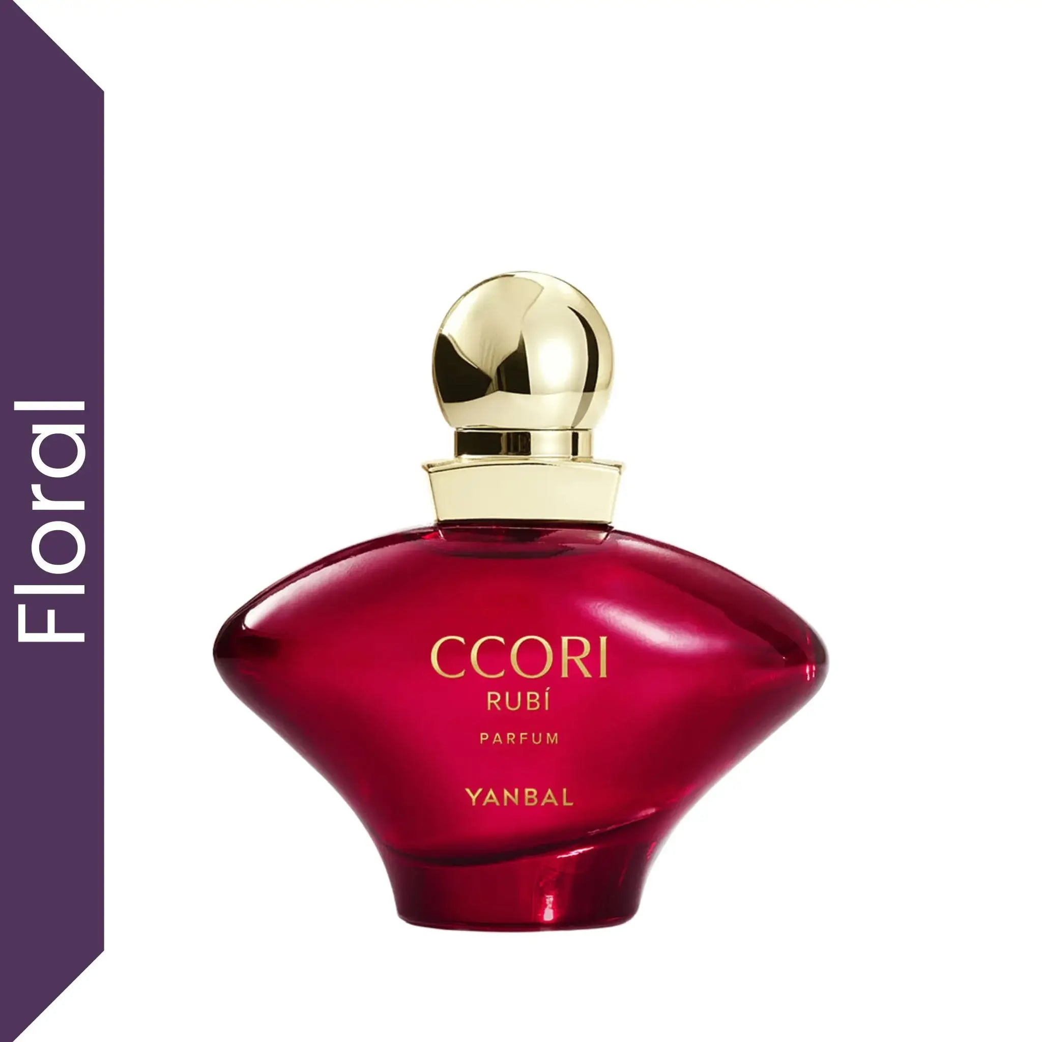 Perfume Yanbal Ccori Rubí Parfum para mujer con aroma ambarado floral, frasco rojo elegante inspirado en el lujo, la sensualidad y perfumes femeninos intensos de larga duración
