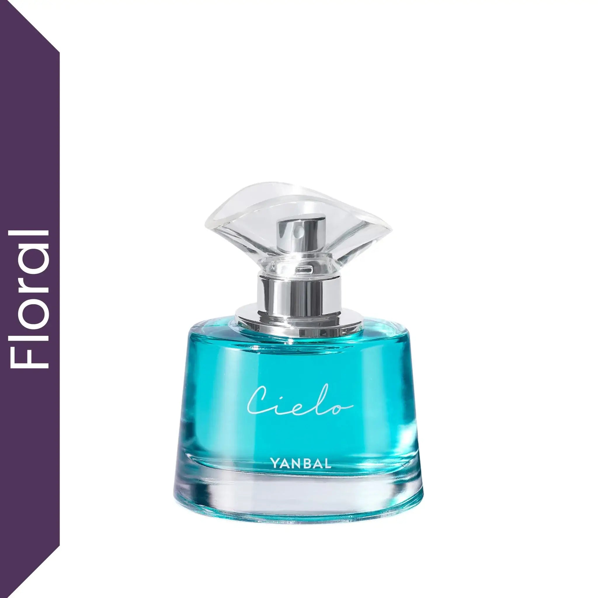 Perfume Yanbal Cielo Eau de Parfum para mujer sobre fondo blanco, fragancia floral ambarada con jazmín, flor de loto y musk, perfume femenino elegante de alta duración e intensidad 5/5.