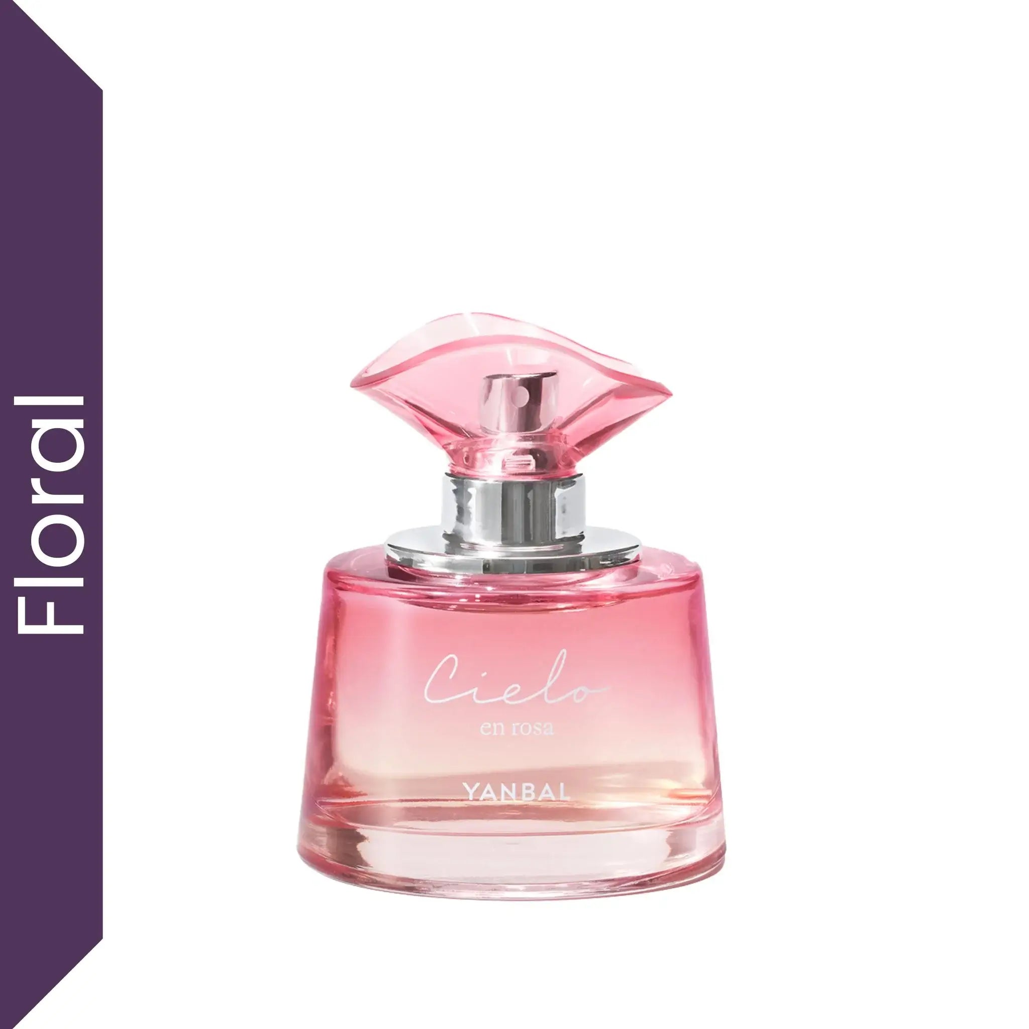 Perfume Cielo en Rosa Yanbal para mujer sobre fondo blanco, fragancia chypre floral intensa con rosa búlgara, almendra tostada y almizcle dulce. Perfume femenino elegante, romántico y de larga duración.