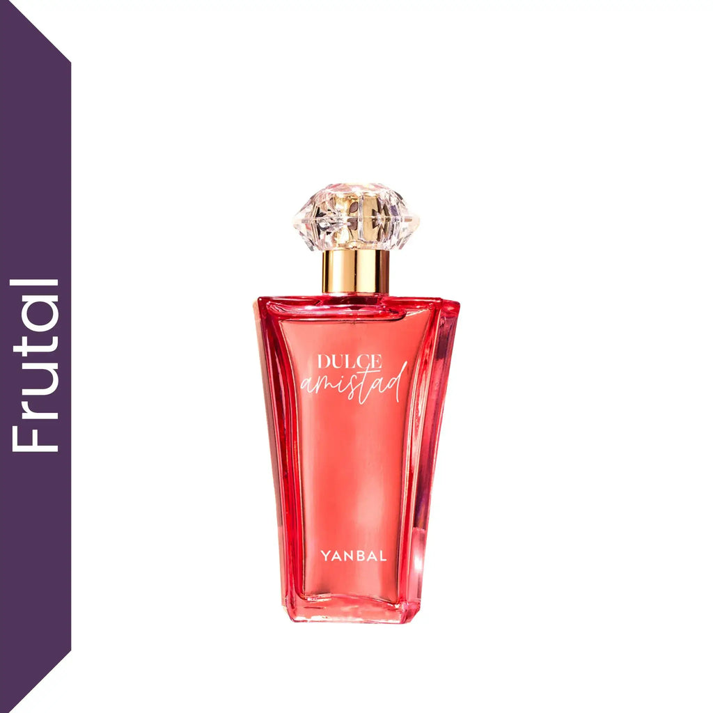 Perfume Dulce Amistad Eau de Parfum Yanbal para mujer sobre fondo blanco, fragancia floral frutal con notas de frambuesa, flor de cerezo y vainilla, perfume femenino dulce y juvenil de larga duración.