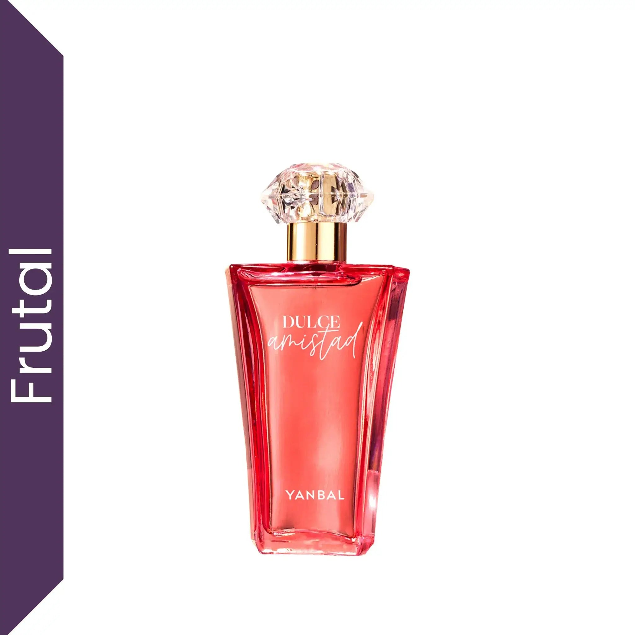 Perfume Dulce Amistad Eau de Parfum Yanbal para mujer sobre fondo blanco, fragancia floral frutal con notas de frambuesa, flor de cerezo y vainilla, perfume femenino dulce y juvenil de larga duración.