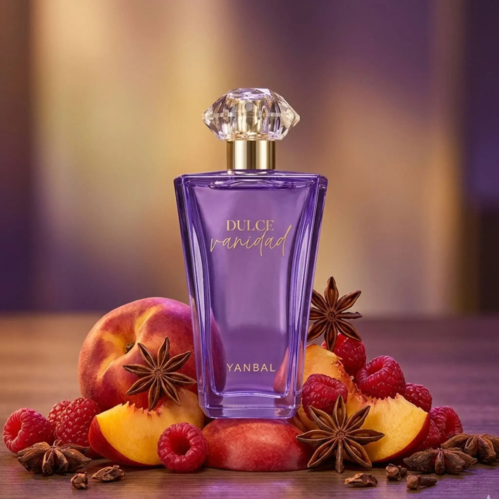 Perfume Dulce Vanidad Yanbal acompañado de nectarina, frambuesas rojas y anís estrella, aroma femenino sofisticado y moderno con notas frutales y especiadas ideal para mujeres seguras y elegantes.