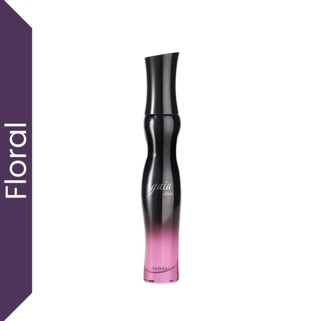 Perfume Gaïa Elixir Yanbal para mujer sobre fondo blanco, fragancia floral ambarada intensa con jazmín sambac, azúcar caramelizado y ámbar rojo. Perfume femenino elegante, sensual y de larga duración ideal para ocasiones especiales.