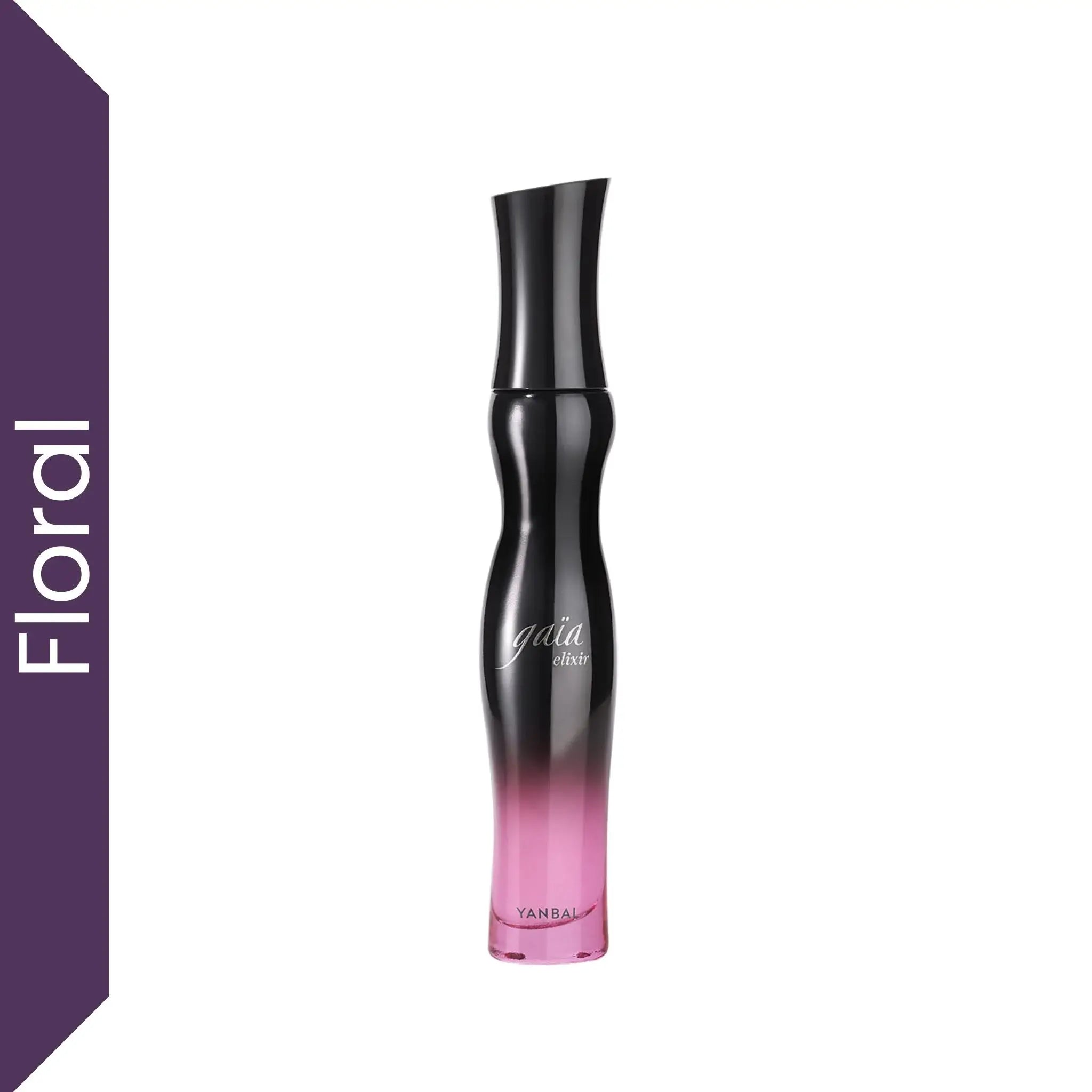 Perfume Gaïa Elixir Yanbal para mujer sobre fondo blanco, fragancia floral ambarada intensa con jazmín sambac, azúcar caramelizado y ámbar rojo. Perfume femenino elegante, sensual y de larga duración ideal para ocasiones especiales.