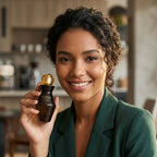Mujer sosteniendo el perfume Yanbal Ícono Intense Eau de Parfum, fragancia femenina intensa con notas florales y amaderadas, perfume sofisticado y seductor de larga duración para mujeres seguras y poderosas.