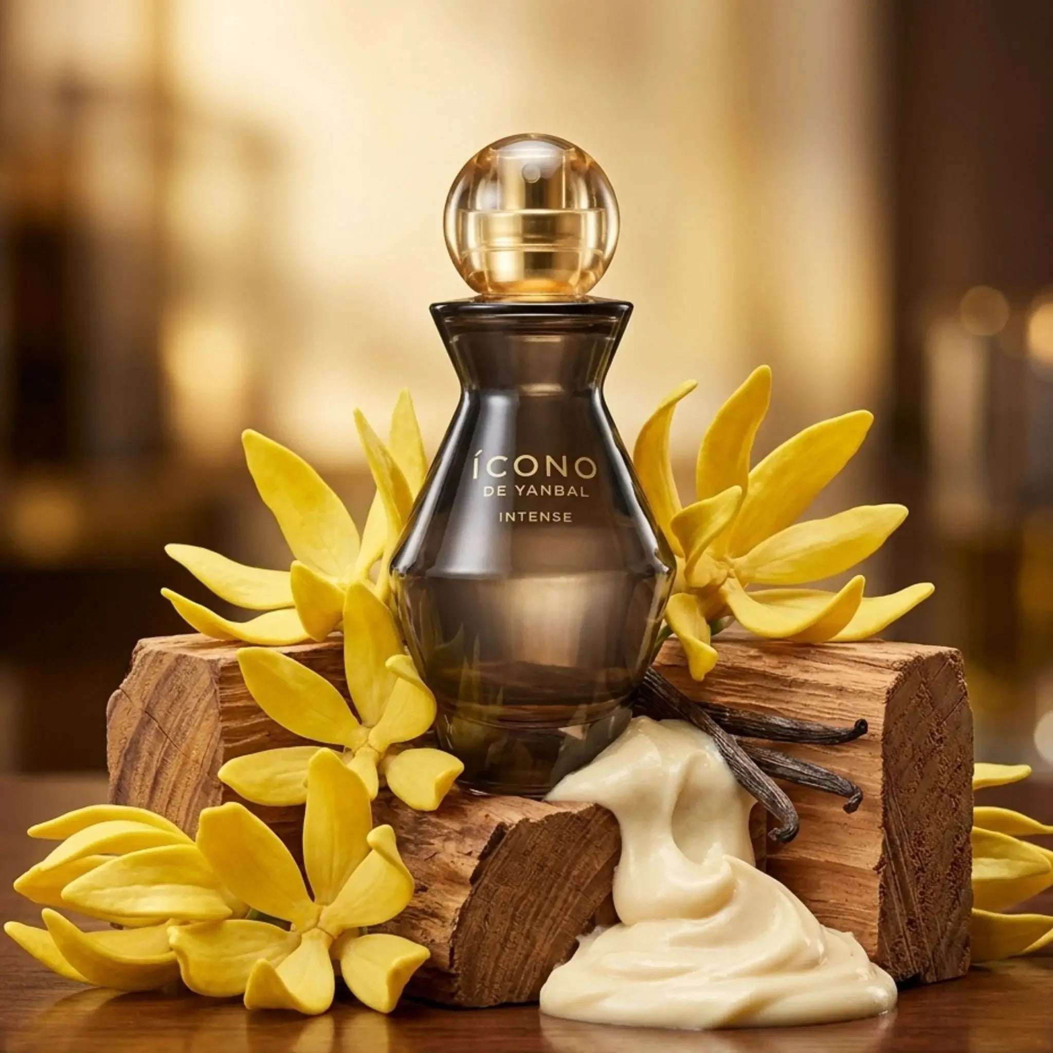 Perfume Yanbal Ícono Intense acompañado de ylang ylang, cedro y crema de vainilla, fragancia femenina intensa y sofisticada con aroma floral amaderado y sensual para mujeres elegantes.