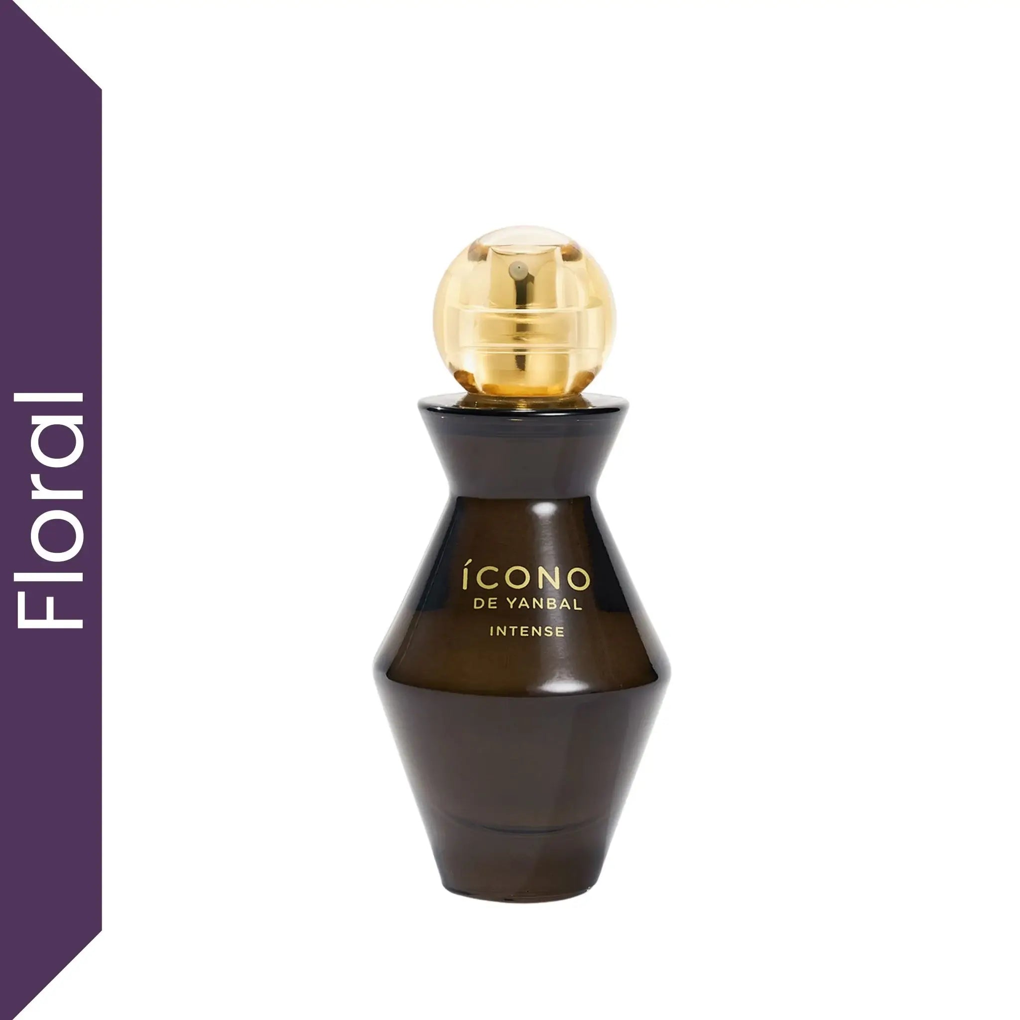 Perfume Yanbal Ícono Intense Eau de Parfum para mujer sobre fondo blanco, fragancia floral amaderada con ylang ylang, cedro y crema de vainilla, perfume femenino elegante de intensidad 5/5 y larga duración.