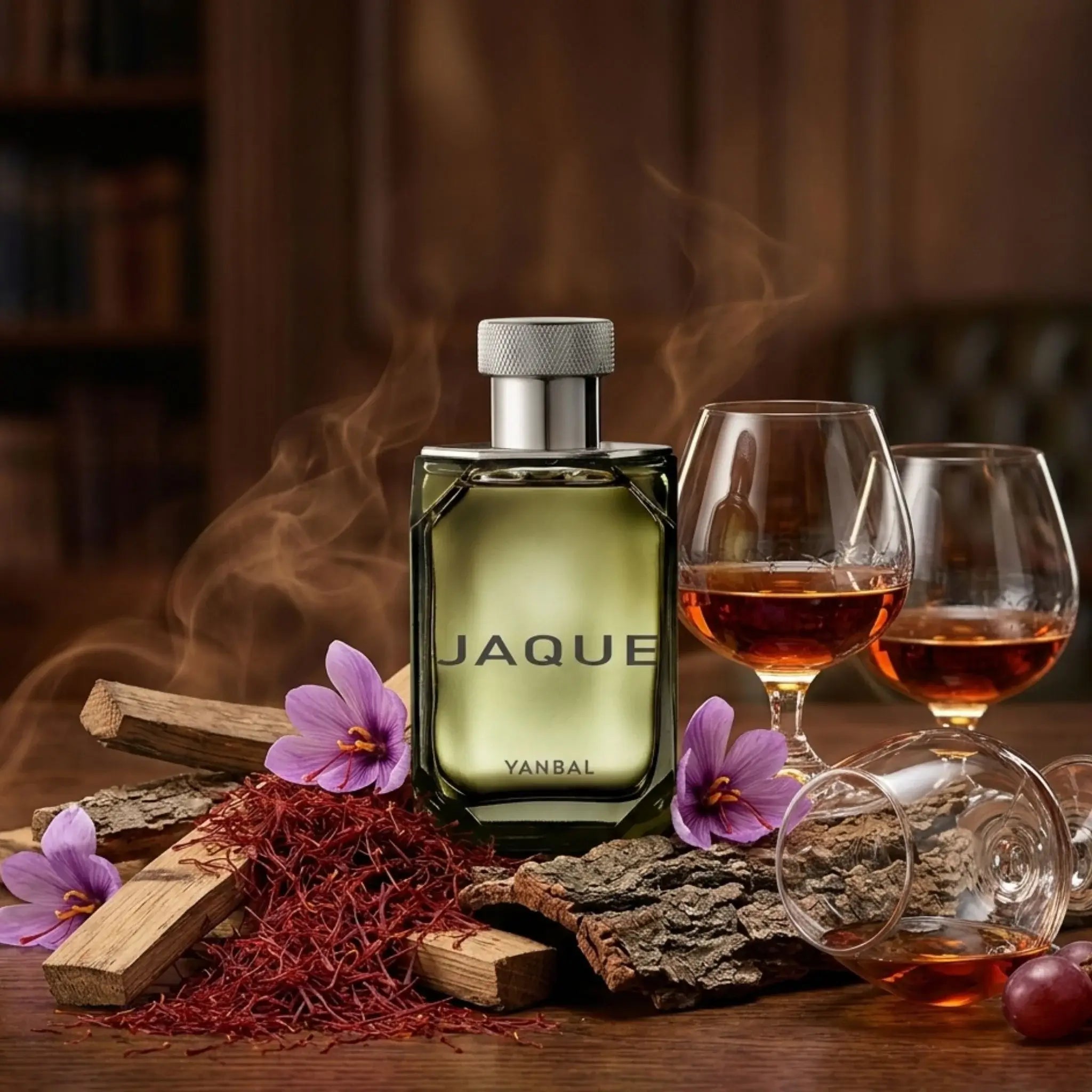 Jaque Parfum de Yanbal acompañado de azafrán, coñac y roble real. Perfume masculino ambarado licoroso con aroma intenso, cálido y seductor para hombres modernos, estratégicos y sofisticados.