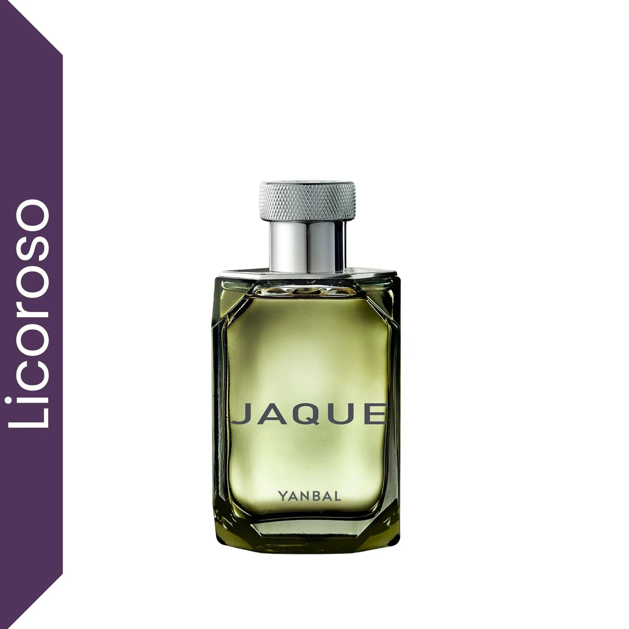 Perfume Jaque Parfum Yanbal para hombre sobre fondo blanco. Fragancia masculina ambarada licorosa con notas de azafrán, coñac y roble real, ideal para hombres elegantes que buscan perfumes intensos, sofisticados y de larga duración en Colombia.