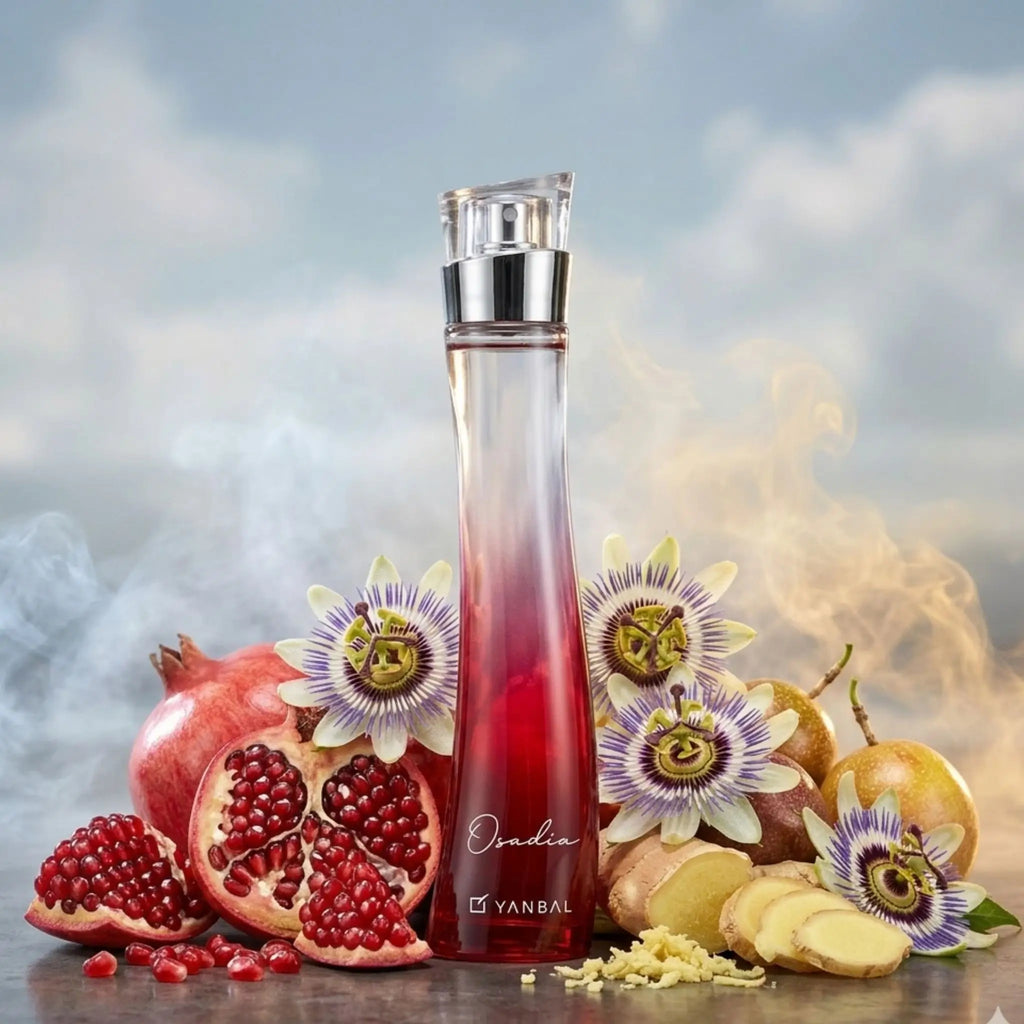 Yanbal Osadía perfume femenino junto a granada, flor de maracuyá y jengibre, aroma sensual y duradero inspirado en la mujer latina