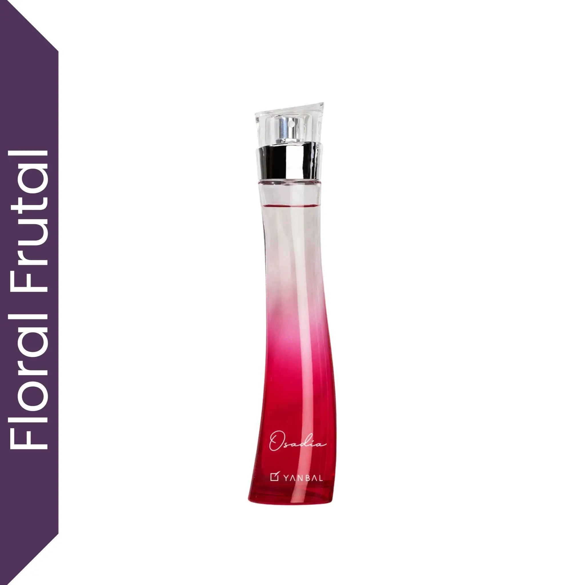 Perfume Yanbal Osadía Eau de Parfum para mujer sobre fondo blanco, fragancia floral frutal con granada, flor de maracuyá y jengibre