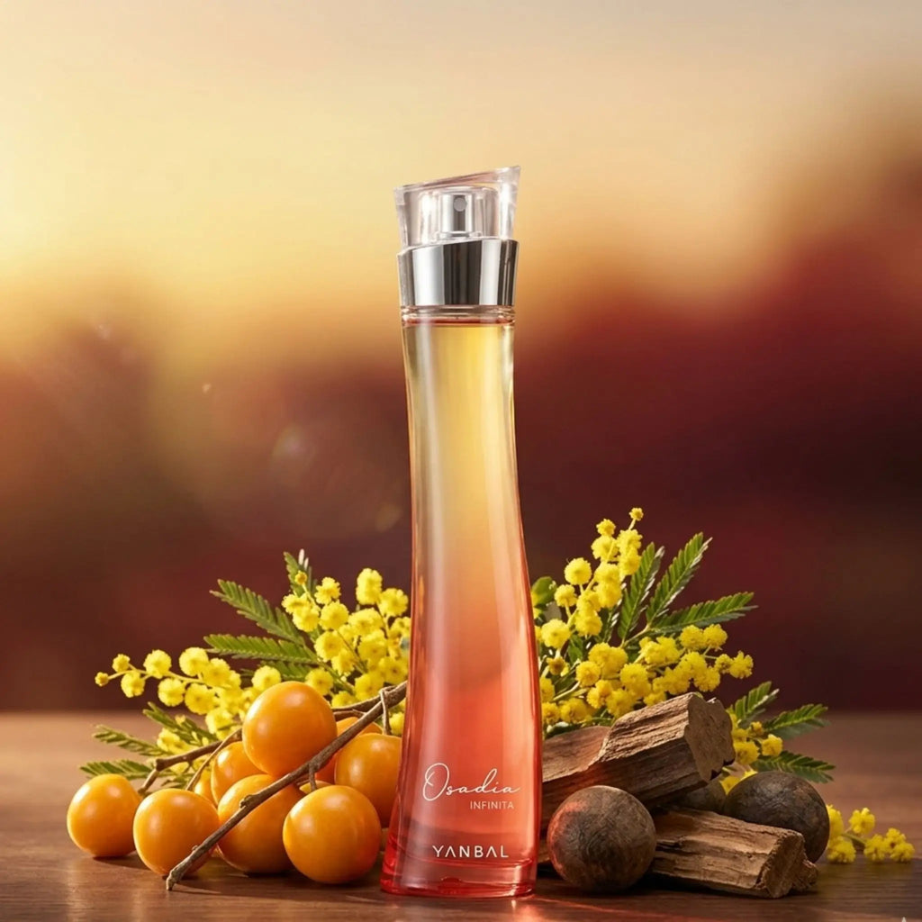 Yanbal Osadía Infinita perfume femenino junto a bayas doradas, flor de mimosa y madera de guayacán, aroma elegante y duradero para mujer
