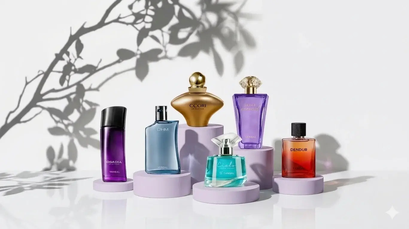 Fragancias, perfumes y productos de belleza sobre fondo limpio y elegante con estilo premium y detalles lila