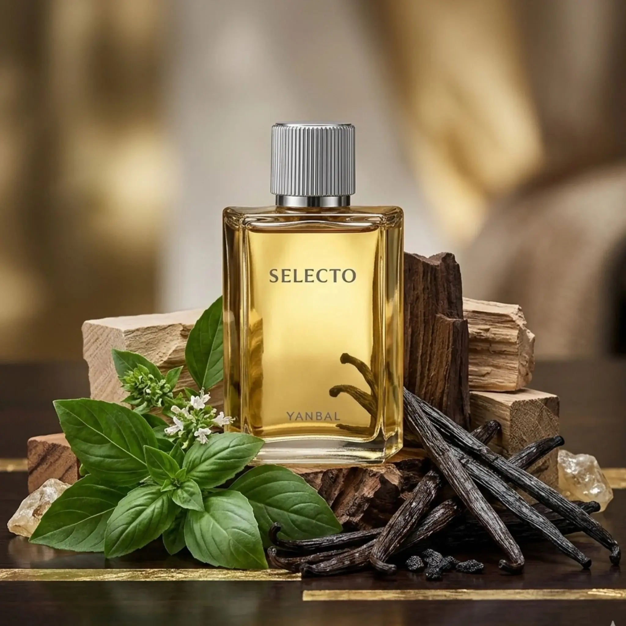 Perfume Selecto Yanbal rodeado de albahaca fresca, vainilla negra y madera de cashmere, fragancia masculina maderosa aromática con notas sofisticadas y modernas, perfume elegante para hombre con aroma fresco, cálido y sensual.