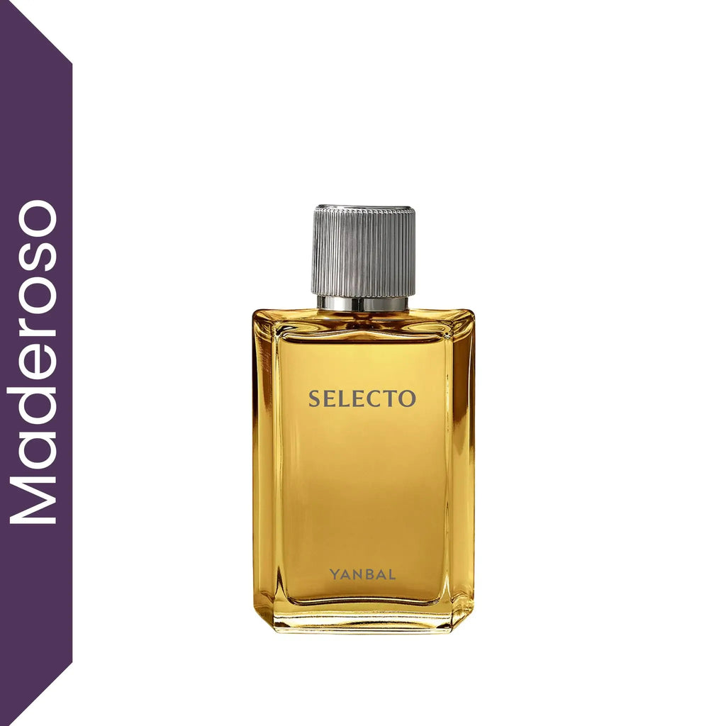 Perfume Selecto Eau de Toilette Yanbal para hombre sobre fondo blanco, fragancia masculina maderosa aromática con albahaca, vainilla negra y madera de cashmere, perfume elegante y moderno de larga duración ideal para uso diario y regalos para hombre.