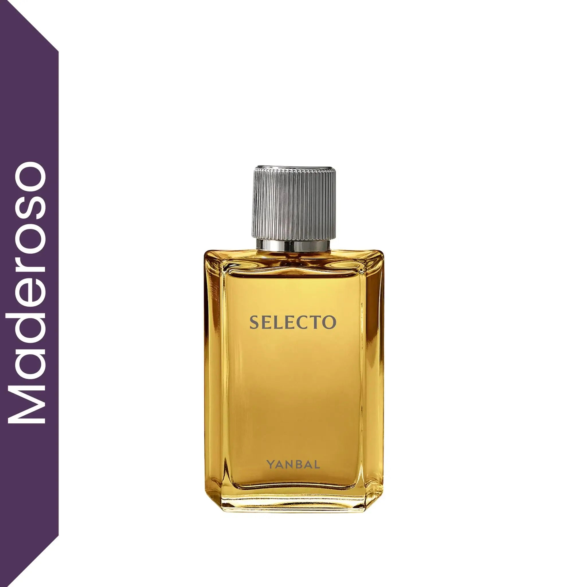 Perfume Selecto Eau de Toilette Yanbal para hombre sobre fondo blanco, fragancia masculina maderosa aromática con albahaca, vainilla negra y madera de cashmere, perfume elegante y moderno de larga duración ideal para uso diario y regalos para hombre.