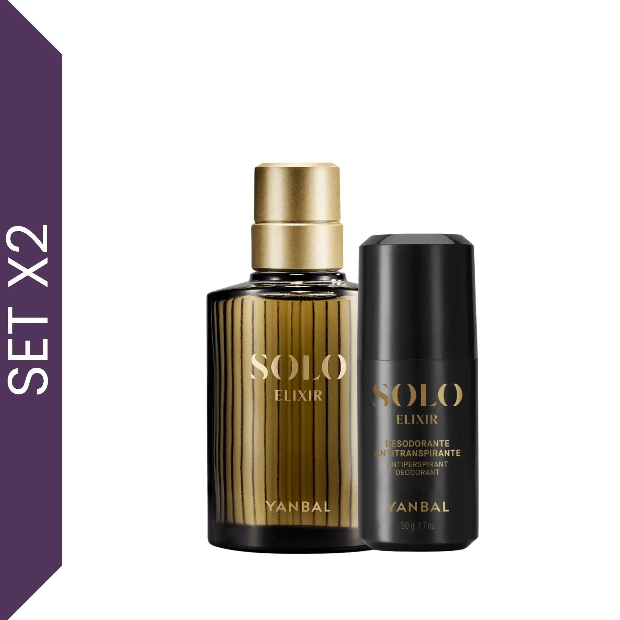 Perfume Solo Elixir Yanbal con desodorante roll on antitranspirante sobre fondo blanco, set masculino de aroma ambarado oriental con oud y olíbano, regalo elegante para hombre, perfume de larga duración y alta intensidad ideal para ocasiones especiales y Día del Padre.