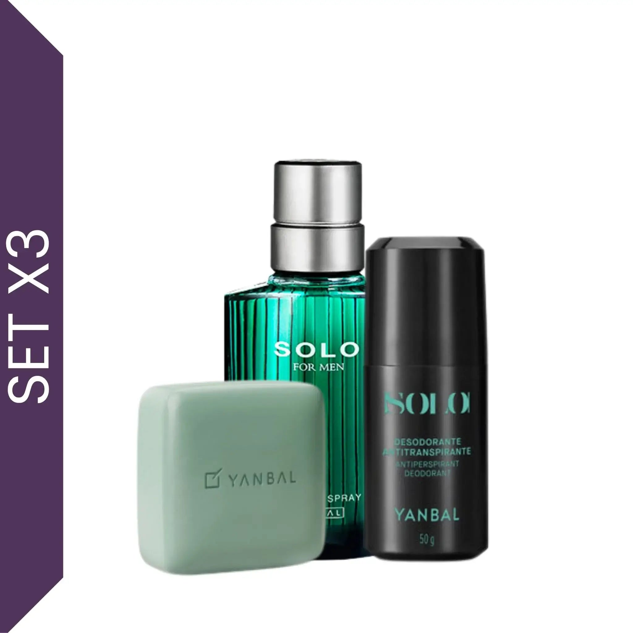 Set Solo Yanbal para hombre con perfume, desodorante roll on y jabón perfumado sobre fondo blanco, fragancia masculina amaderada cítrica con mandarina, jengibre y cuero, set de cuidado personal masculino ideal para regalo elegante, Día del Padre y perfumes de larga duración.