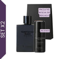 Set Temptation Black Yanbal para hombre con perfume herbal ambarado, desodorante perfumado nuevo y bolsa de regalo sobre fondo blanco. Fragancia masculina intensa con notas de pimienta negra, cacao natural y cedro negro, ideal para regalo del Día del Padre, cumpleaños y hombres elegantes.
