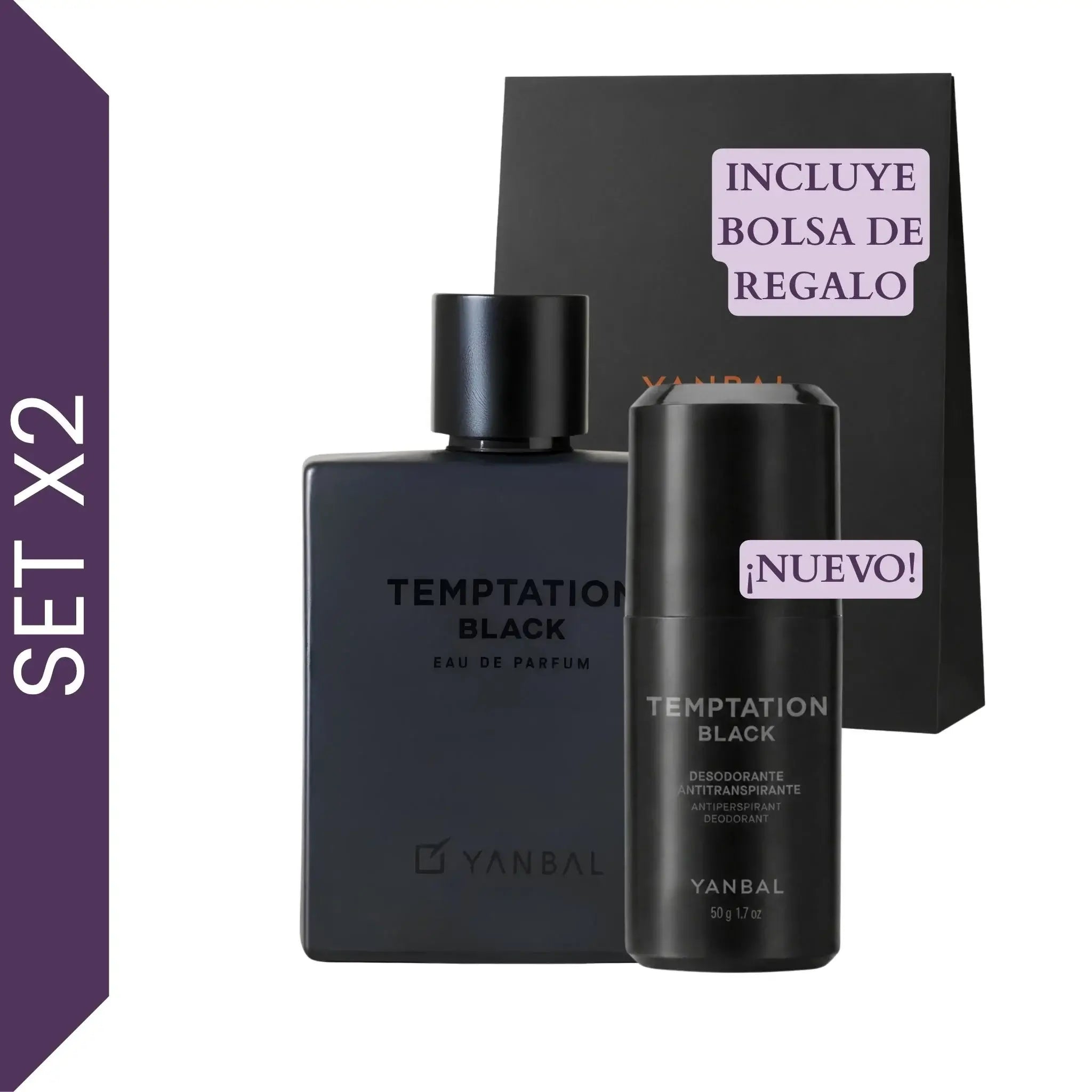 Set Temptation Black Yanbal para hombre con perfume herbal ambarado, desodorante perfumado nuevo y bolsa de regalo sobre fondo blanco. Fragancia masculina intensa con notas de pimienta negra, cacao natural y cedro negro, ideal para regalo del Día del Padre, cumpleaños y hombres elegantes.