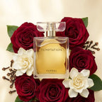 Perfume Yanbal Temptation Mujer acompañado de rosa búlgara, gardenia y clavo de olor, fragancia floral especiada femenina intensa y seductora, perfume sofisticado para mujeres seguras y elegantes.