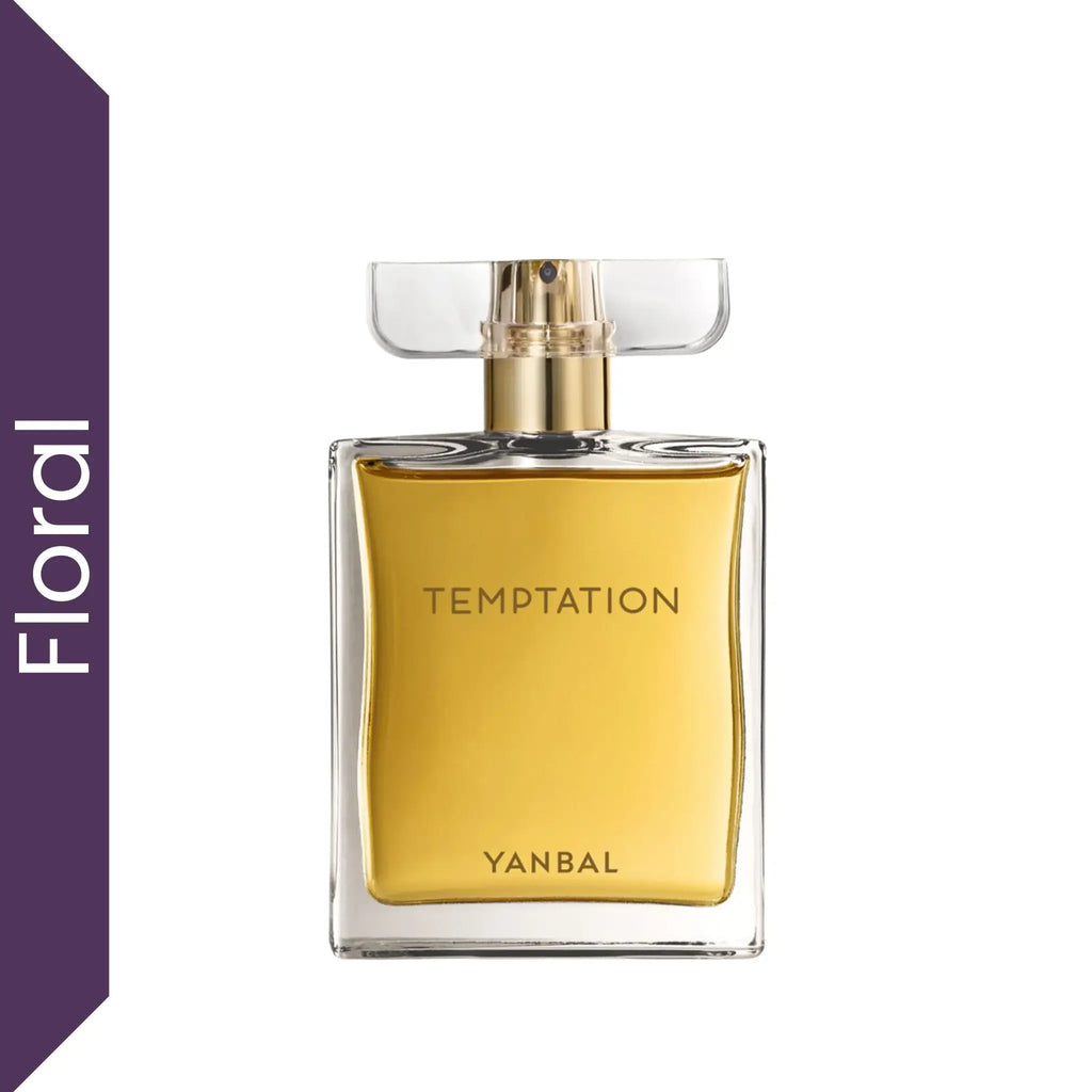 Perfume Yanbal Temptation Mujer Eau de Parfum sobre fondo blanco, fragancia femenina floral especiada con rosa búlgara, gardenia y clavo de olor, perfume elegante de intensidad 5/5 y larga duración.