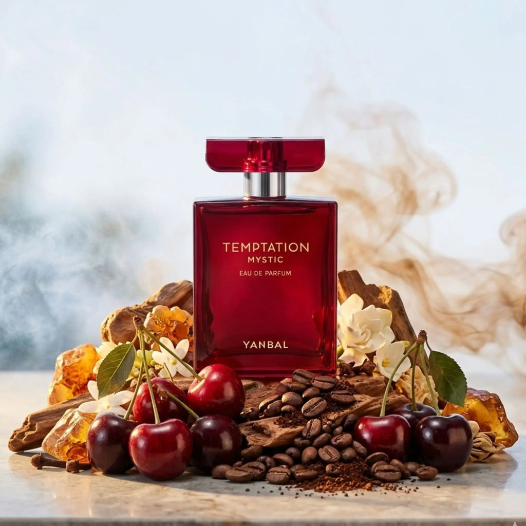 Yanbal Temptation Mystic perfume femenino junto a cereza jugosa, café y notas amaderadas Amberwood, fragancia sensual y sofisticada de larga duración