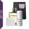 Set Temptation Yanbal para hombre con perfume, desodorante roll on, jabón perfumado y bolsa de regalo sobre fondo blanco, fragancia masculina herbal maderosa con menta, mandarina y sándalo, set elegante para regalo de hombre ideal para Día del Padre, cumpleaños y ocasiones especiales.